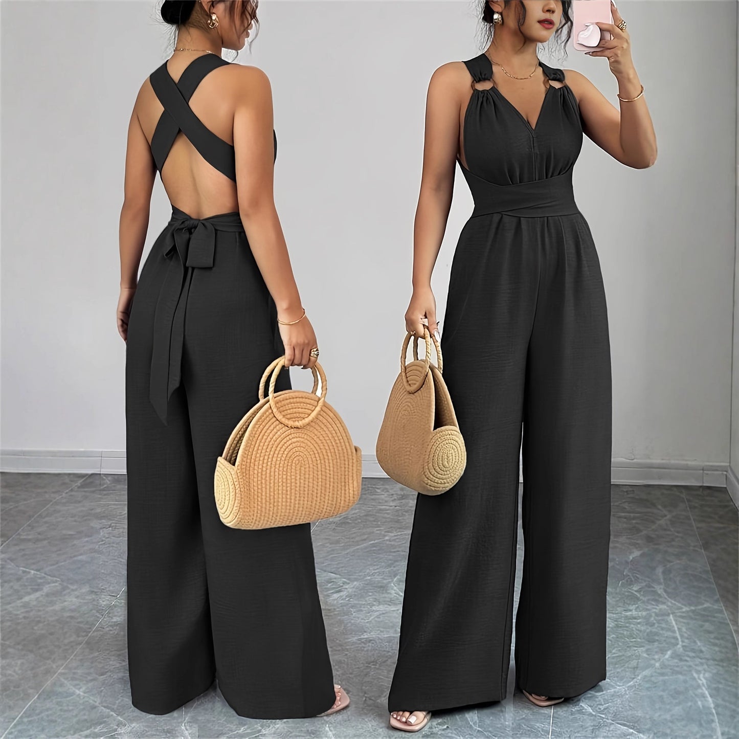 V-neck Backless Crossover-waistband Wide-leg Jumpsuit
