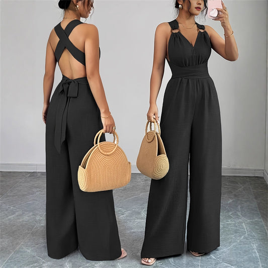 V-neck Backless Crossover-waistband Wide-leg Jumpsuit