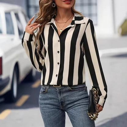 Womens Fashion Striped 3D-Printed Long-Sleeve Shirt