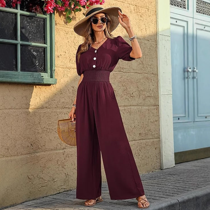 Womens Solid-Color Short-Sleeve Lapel Waist-Cinched Jumpsuit