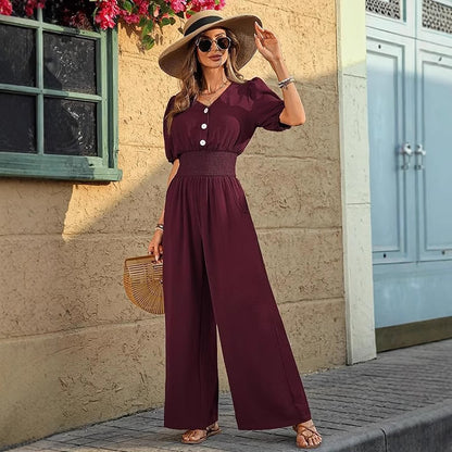 Womens Solid-Color Short-Sleeve Lapel Waist-Cinched Jumpsuit