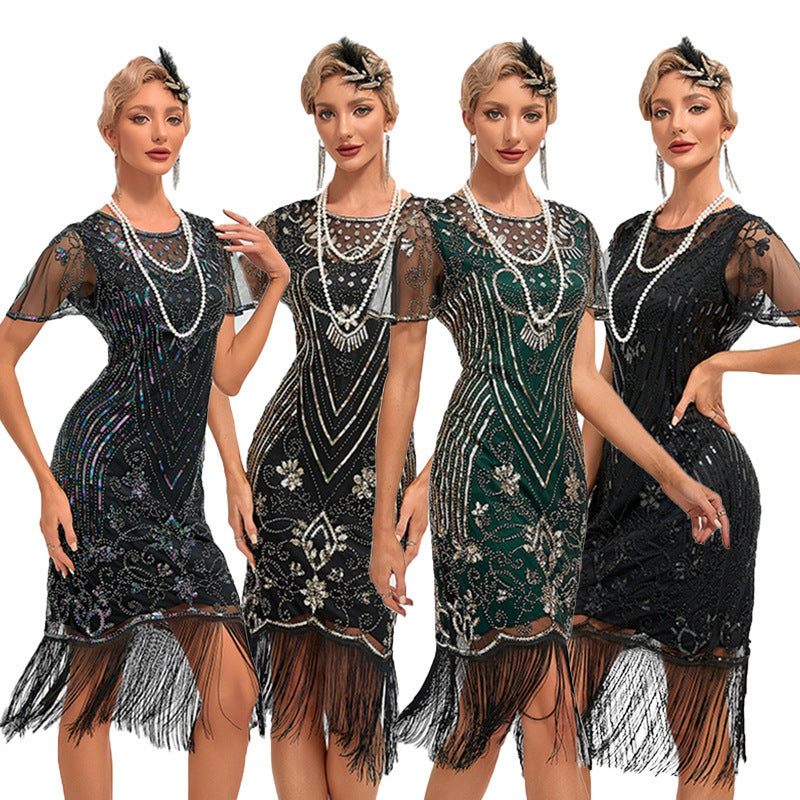 Womens Retro Party Sequin Tassel Dress