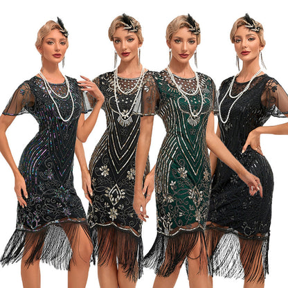 Womens Retro Party Sequin Tassel Dress