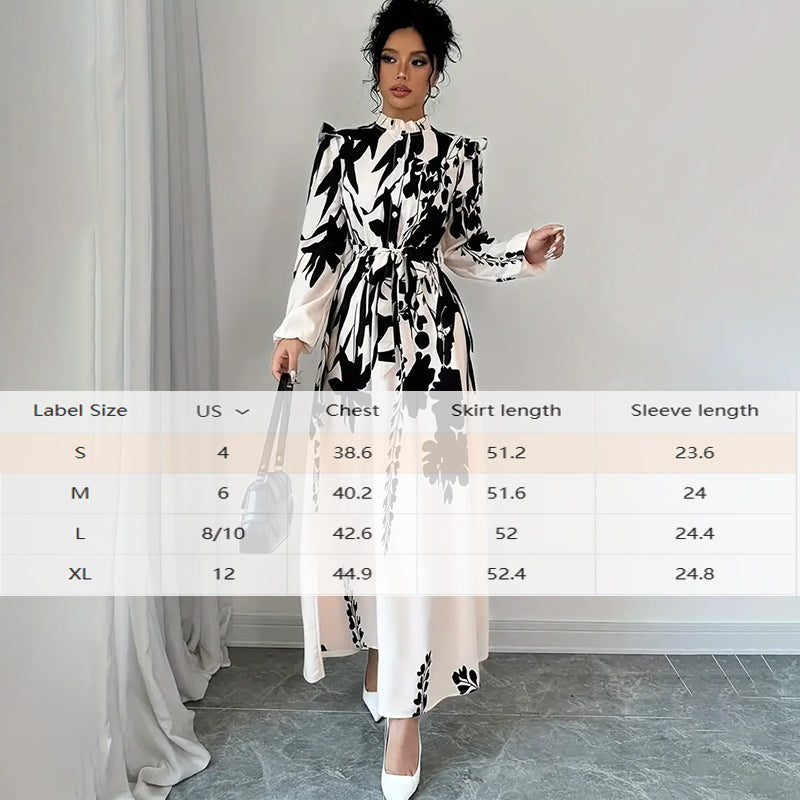 Women's Floral Print Long Sleeve Maxi Dress - Stand Collar A-Line Dress With Waist Detail, Lantern Sleeves & Ruffle Hem For Spring&Fall