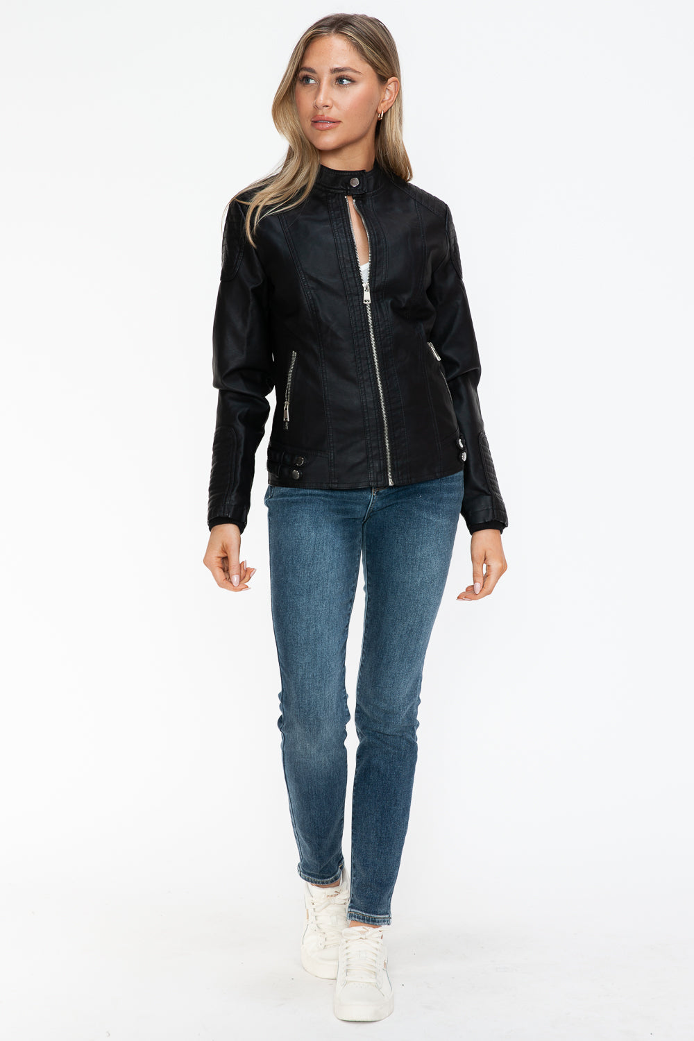 Snobbish Faux Leather Biker Jacket with Side Zip Pockets