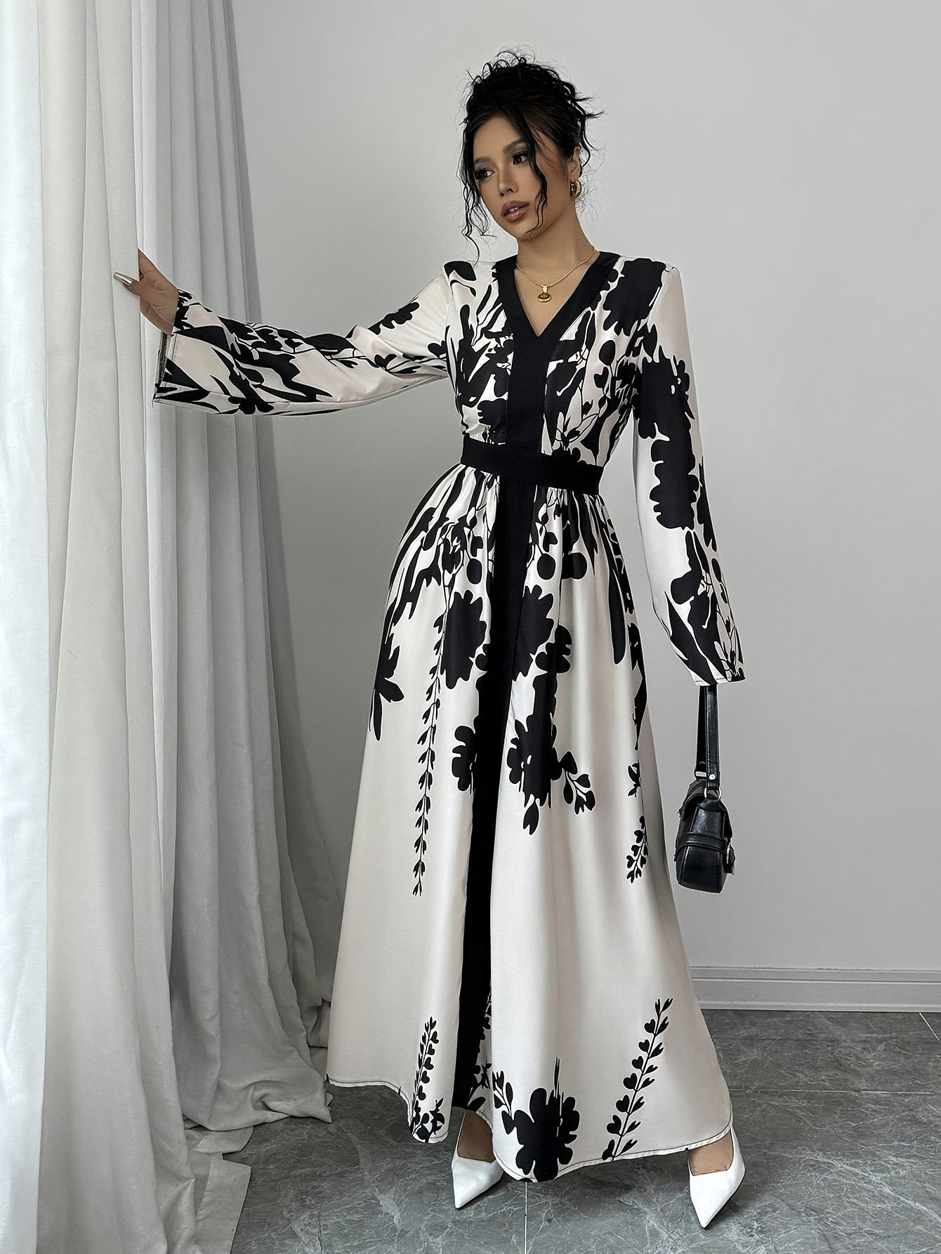 Temperament Print V-neck Slim Long Dress With Waist Belt Long Sleeves