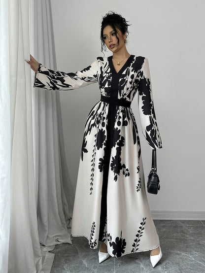 Temperament Print V-neck Slim Long Dress With Waist Belt Long Sleeves