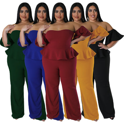 Sexy Off-shoulder Short-sleeve Wide-leg Stretch Jumpsuit
