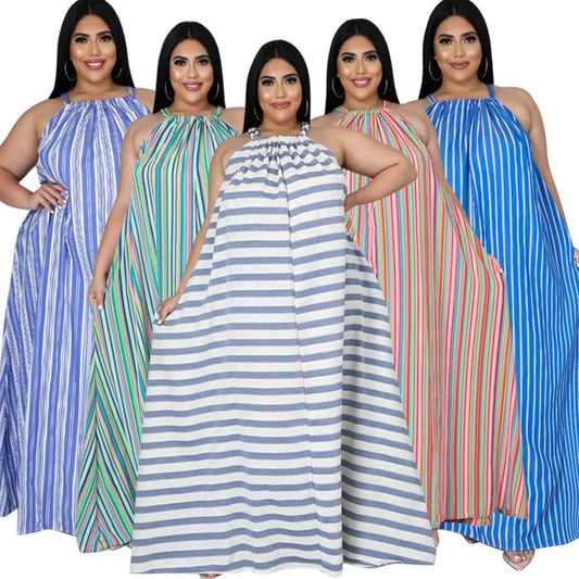 Women's Loose And Casual Plus-Size Striped Printed Dress