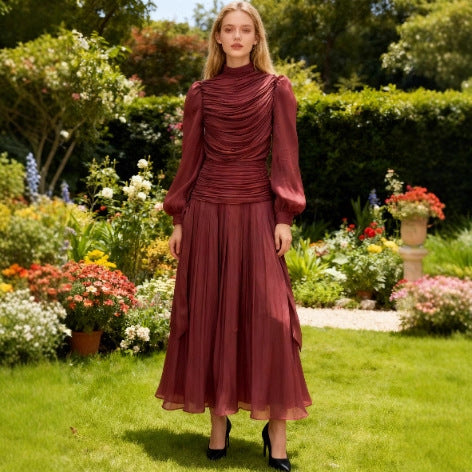 French Tie Fashion Pleated Chiffon Dress
