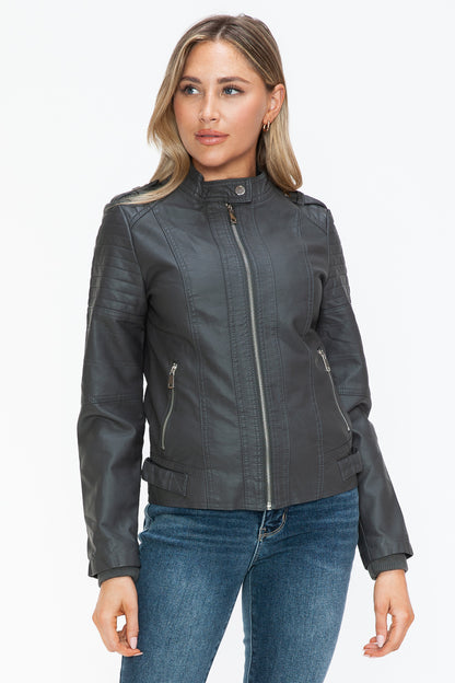 Snobbish PU Leather Biker Jacket with Side Zip Pockets