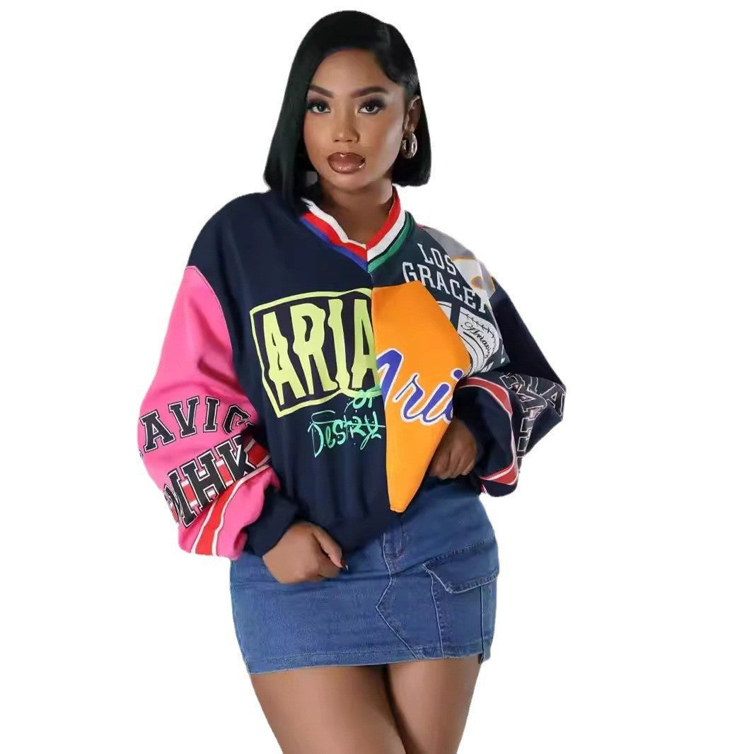 Women's Casual Fashion Stitching Contrast Color Letter Printing Loose V-neck Sweatshirt