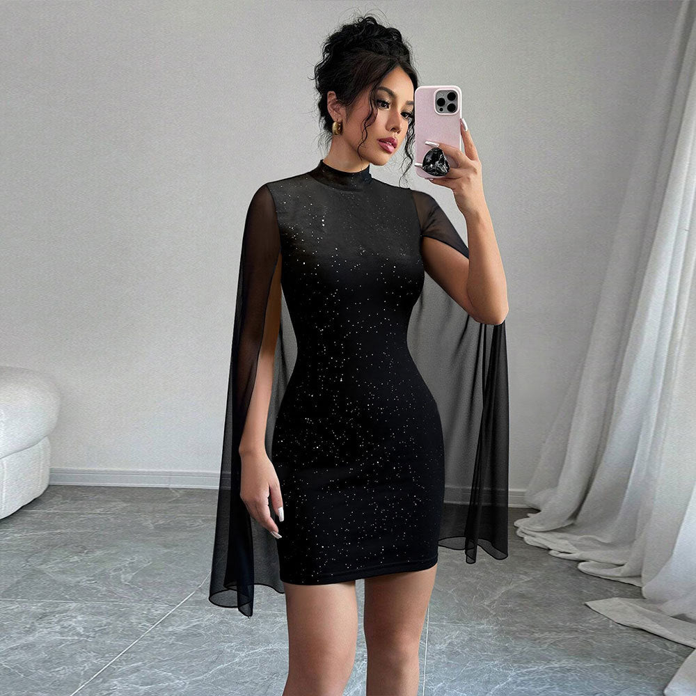 Stylish High-neck Dress Black Featuring Sparkling Rhinestones