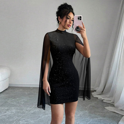Stylish High-neck Dress Black Featuring Sparkling Rhinestones