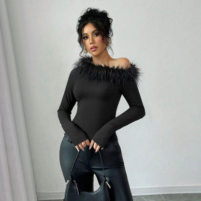 Autumn And Winter Niche Design Feather Patchwork Single Shoulder Irregular Hem Slim Long Sleeve Women