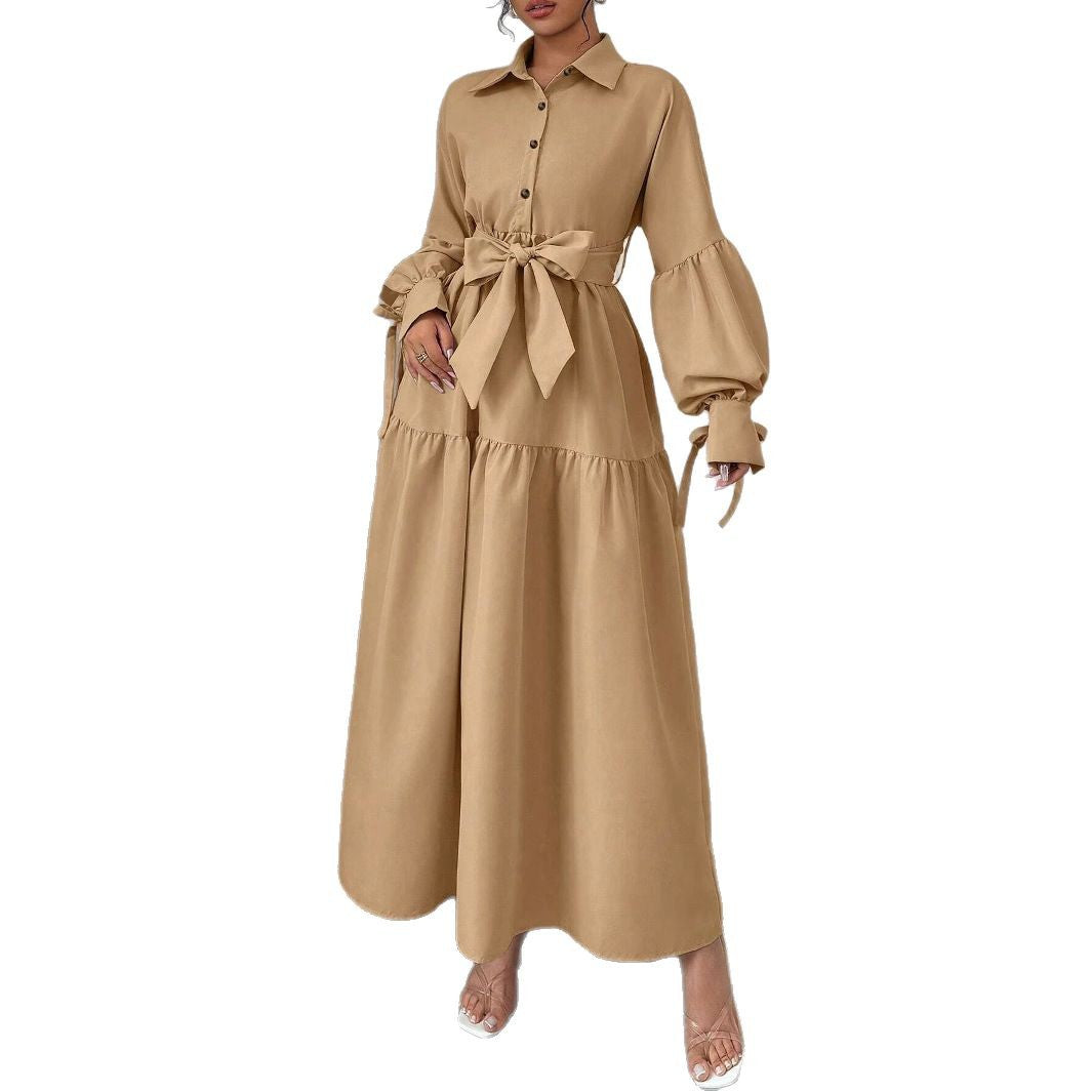 Fashionable Lace-up Long Sleeve Puff Sleeve Dress