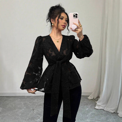 Fashionable Sexy Semi-transparent Long-sleeved V-neck Women's Shirt