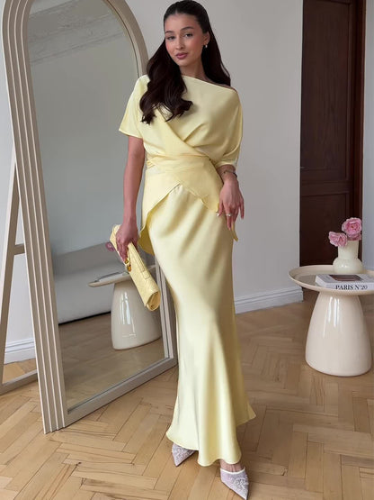 Short Sleeve Tied Top & Maxi Mid-length Dress Set