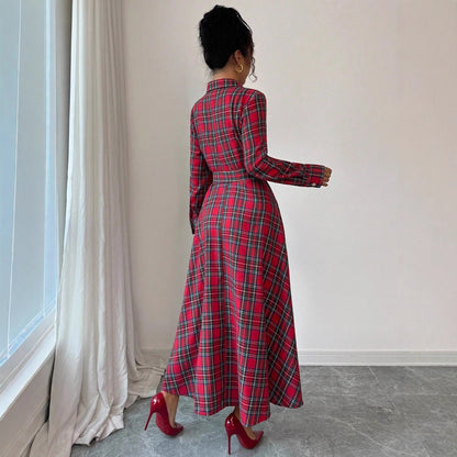 Elegant Romantic Woven Plaid Long Sleeve Dress