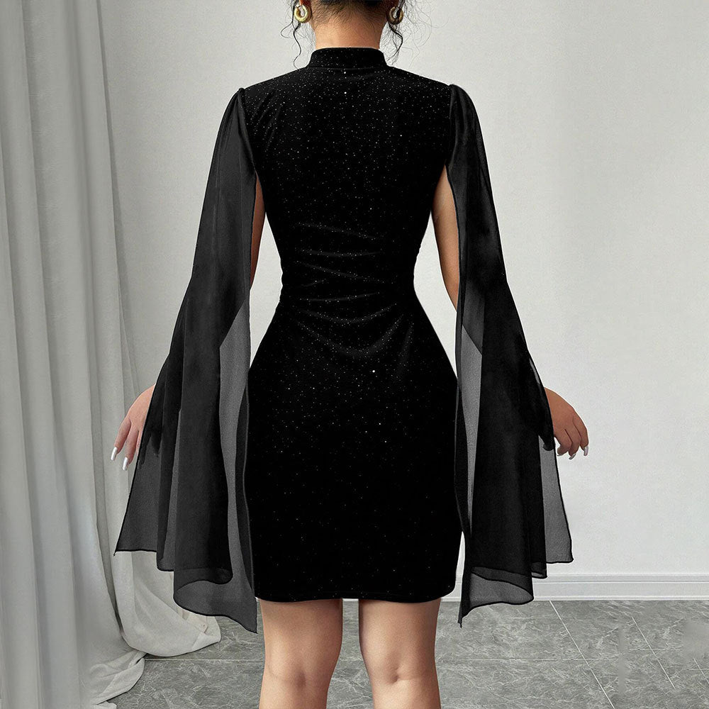 Stylish High-neck Dress Black Featuring Sparkling Rhinestones