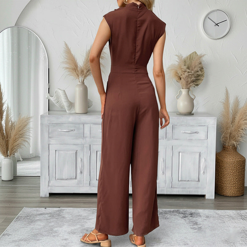 Casual Sleeveless Solid-color Boat-neck Wide-leg Jumpsuit
