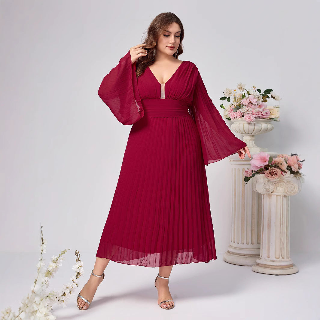 Plus Size Dress Women's V-neck Long Sleeve