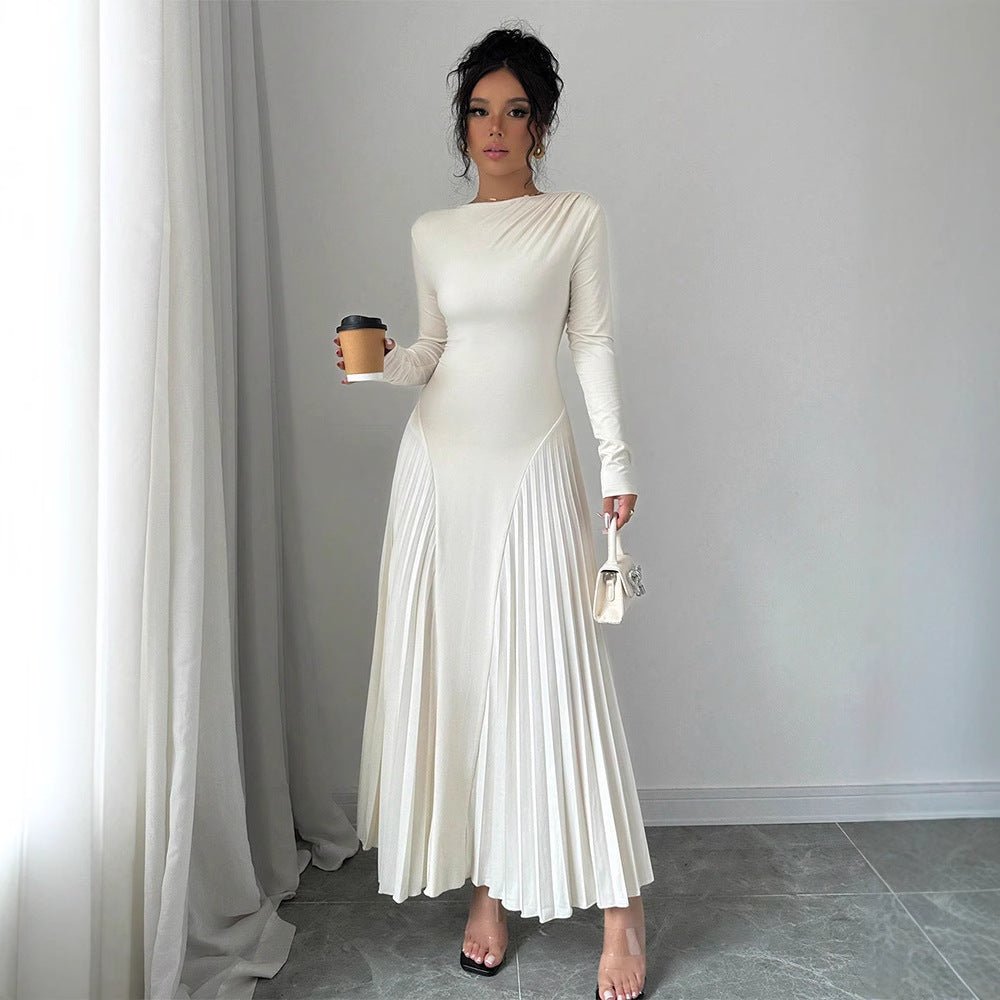Long Sleeve Knitted Long Skirt Pleated Dress Elegant