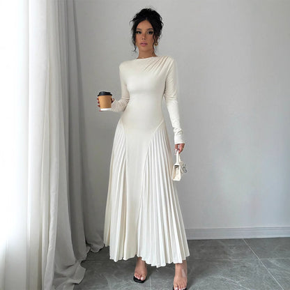 Long Sleeve Knitted Long Skirt Pleated Dress Elegant