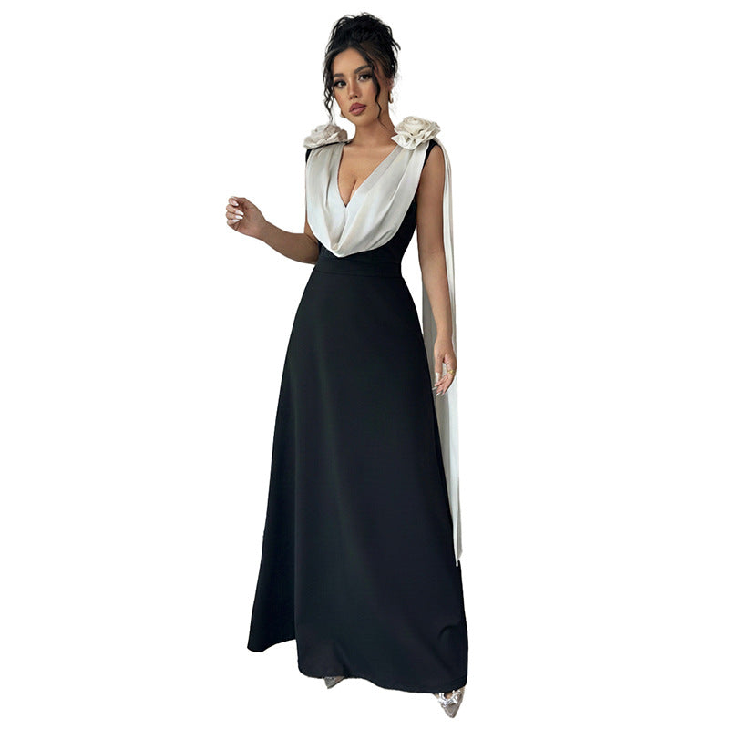 A High-end And Elegant V-neck Sleeveless Dress With Contrasting Colors