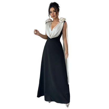 A High-end And Elegant V-neck Sleeveless Dress With Contrasting Colors