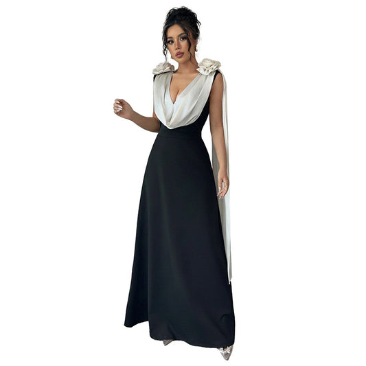 A High-end And Elegant V-neck Sleeveless Dress With Contrasting Colors