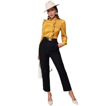 Solid Color Simple Long-sleeved Ruffle Straight Shirt