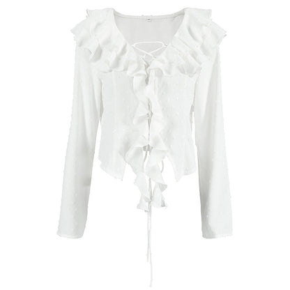 White Crepe Casual Ruffled Sexy Elegant Lace-up Long Sleeve Shirt