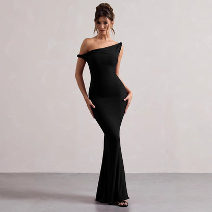 Womens One-Shoulder Slim-Fit Sheath Solid-Color Dress