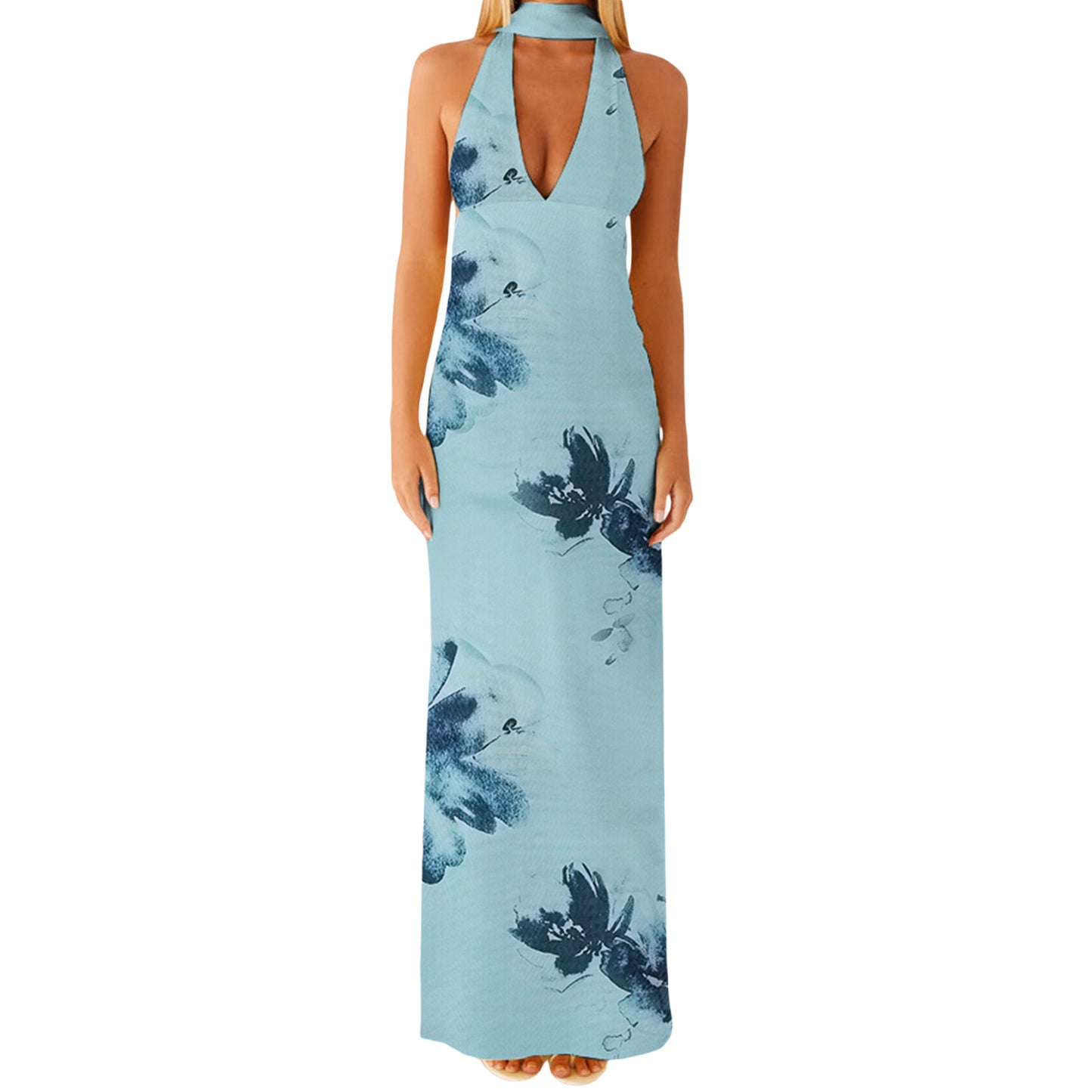 Womens Floral Halterneck Deep V-Neck Backless Bodycon Maxi Dress