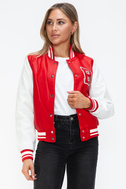 Love Me Now PU Leather Contrast Snap Down Bomber Jacket