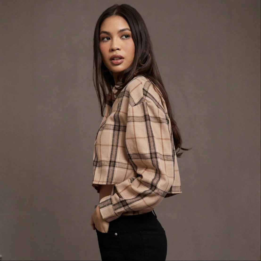 Short Long Sleeve Plaid Cropped Lapel Shirt
