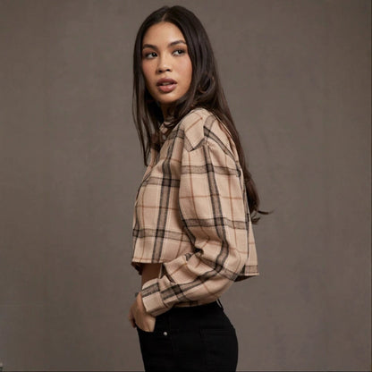 Short Long Sleeve Plaid Cropped Lapel Shirt