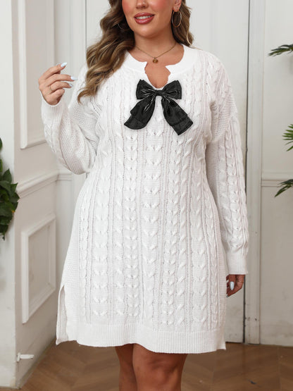 Plus-size Women's V-neck Cable Knit Sweater Solid Color Dress
