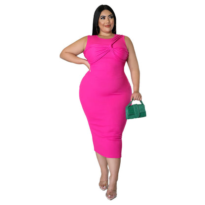 High-elasticity Ribbed Sophisticated Plus-size Dress With Sleeveless Design And Round Neckline