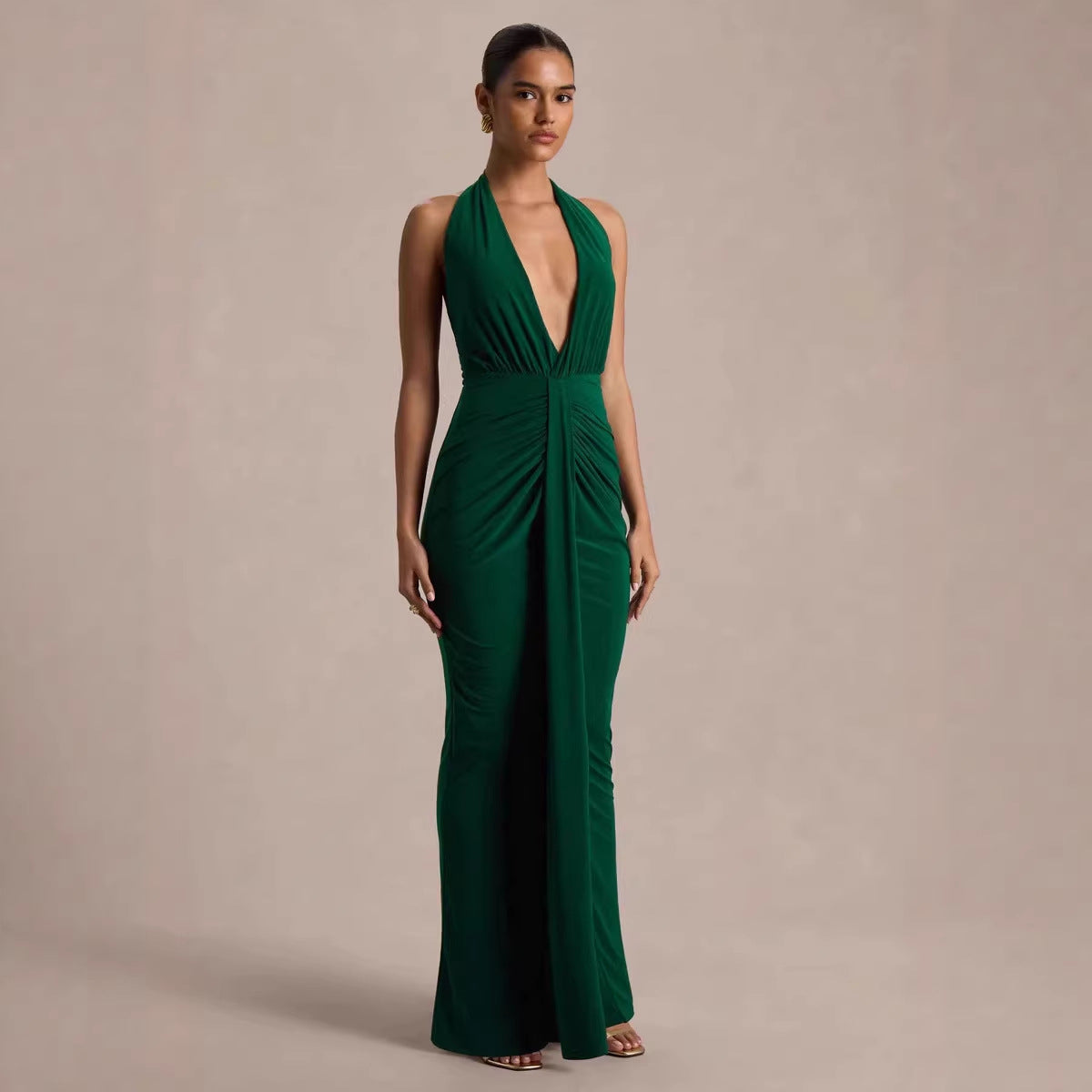Chic V Neck Halter Dress With A Tie Figure Flattering Design And Stylish Pleats
