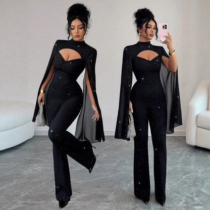 Women's Crew-neck Ribbed Chiffon Cape-style Bodycon Jumpsuit