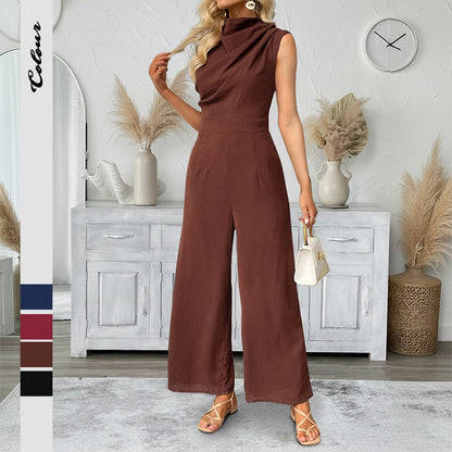 Casual Sleeveless Solid-color Boat-neck Wide-leg Jumpsuit
