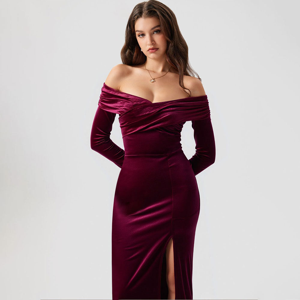 Golden Velvet Bodycon Mermaid Women's New Cross V-Neck One-Shoulder Slit Long Dress