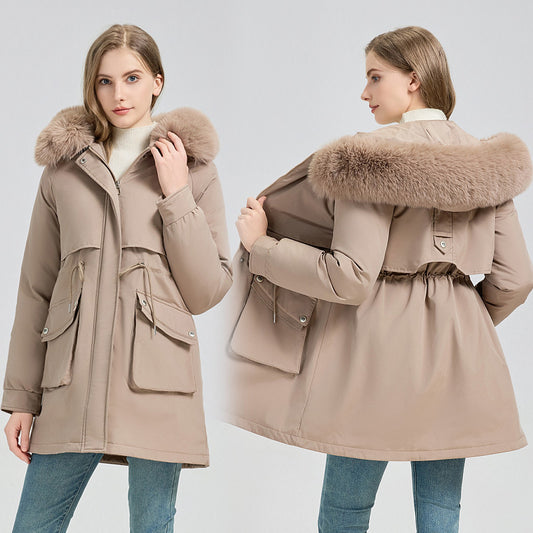 Winter Fur-Lined Hooded Parka Coat Mid-Length Down