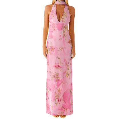 Womens Floral Halterneck Deep V-Neck Backless Bodycon Maxi Dress
