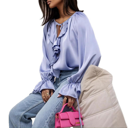 Womens Lace-Up Ruffle-Trimmed Loose Flare-Sleeve Shirt
