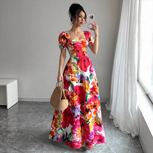 Retro Print Patchwork Long Fashion Festival Date Dress