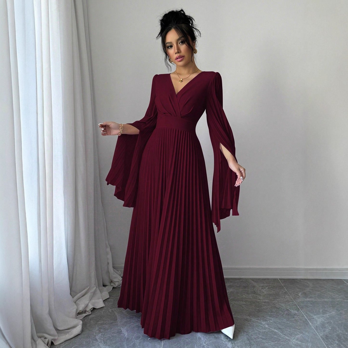 Women's High-waisted Long Deep-V-neck Long-sleeve Flared-sleeve Dress