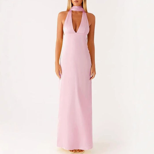 Womens Floral Halterneck Deep V-Neck Backless Bodycon Maxi Dress